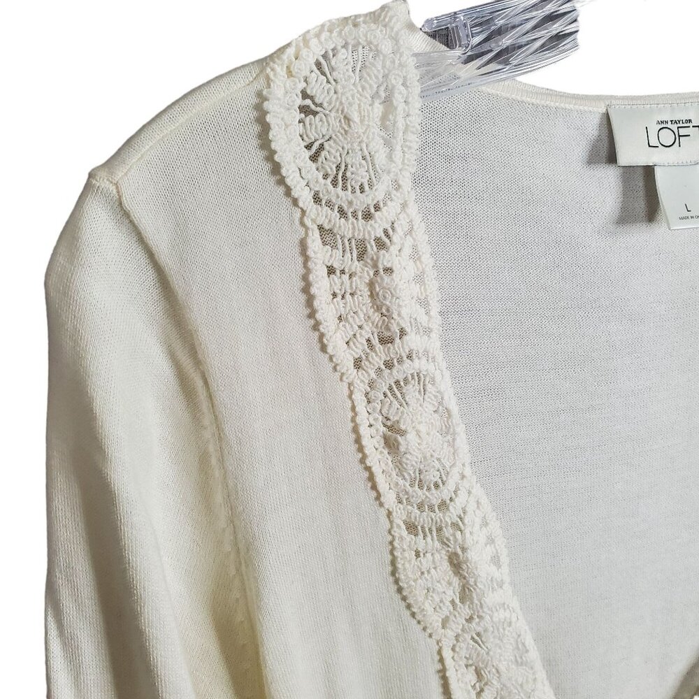 Ann Taylor Loft Sz L Cardigan Tie Front Lace Trim Pima Cotton Sweater 3/4 Sleeve - Picture 6 of 9